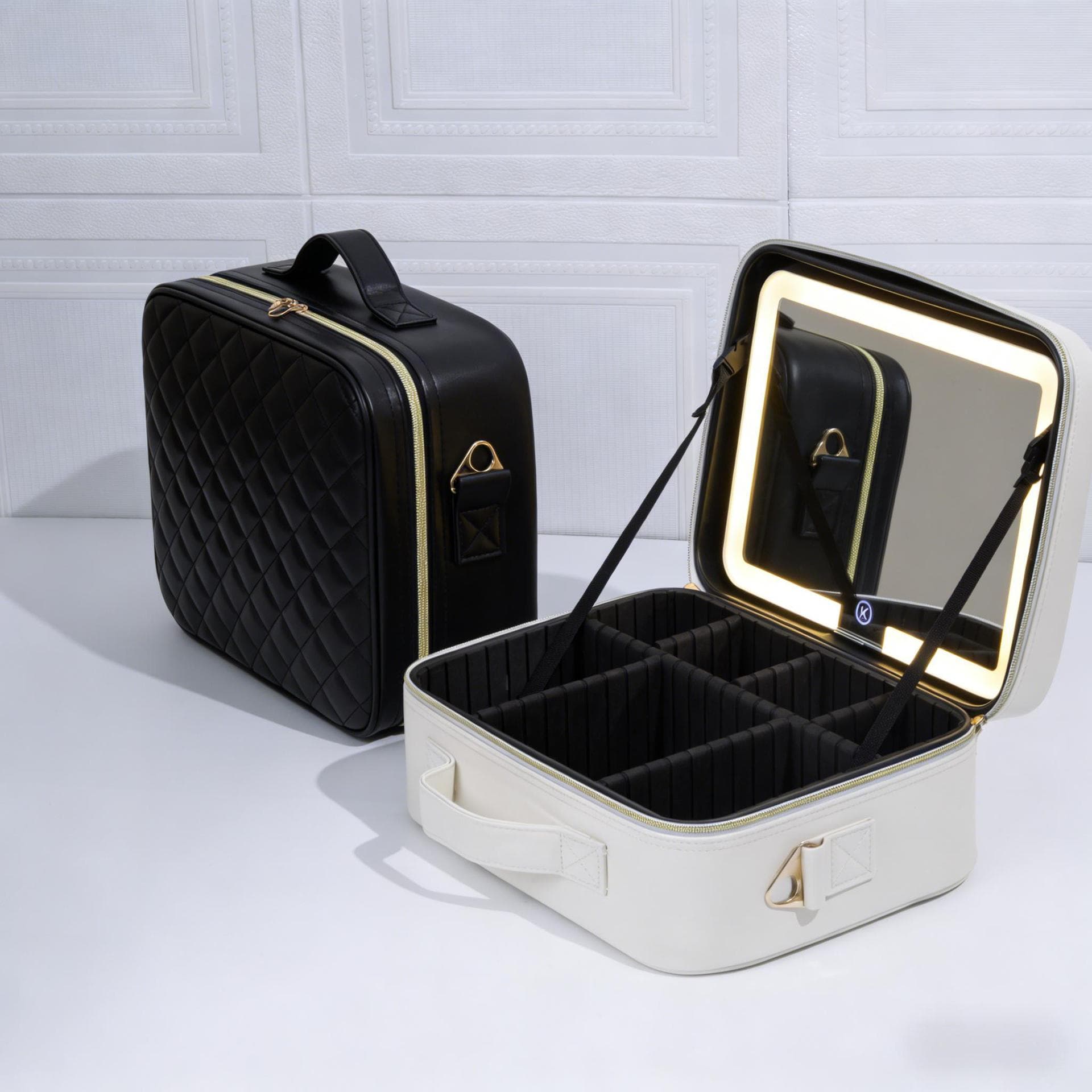 Leather led light full screen mirror makeup box separated beauty storage box portable large capacity makeup artist only