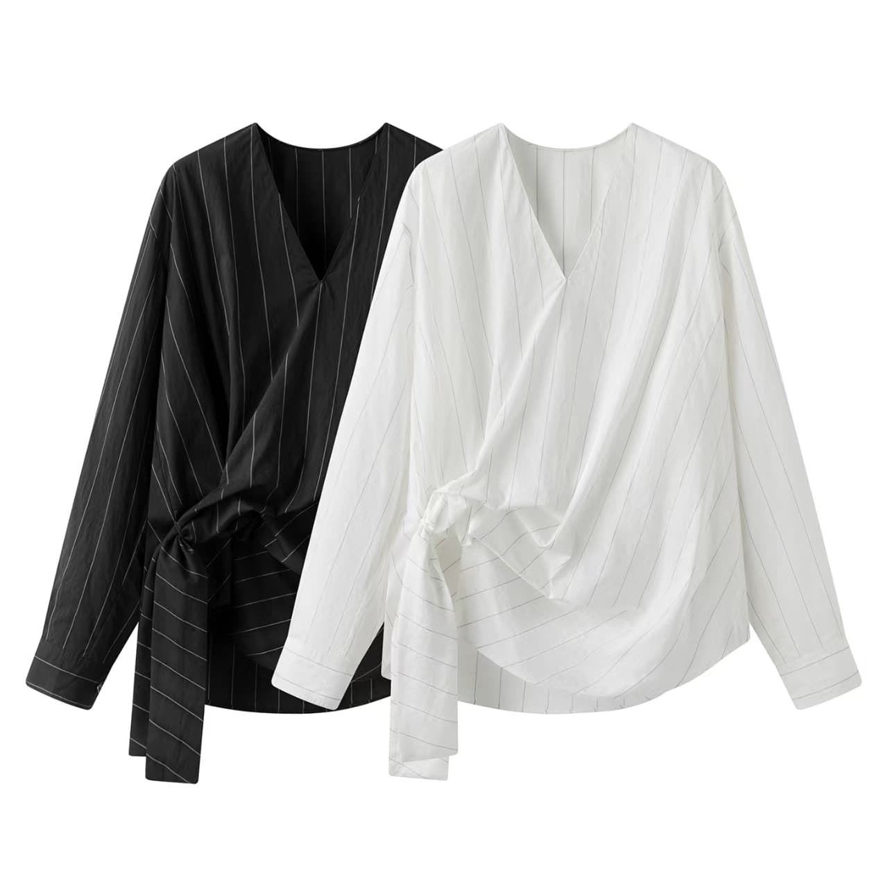 In Stock 2026 Fall New Loose Casual Pleated Tie V-Neck Striped Long Sleeve Blouse Top 5Q7214300