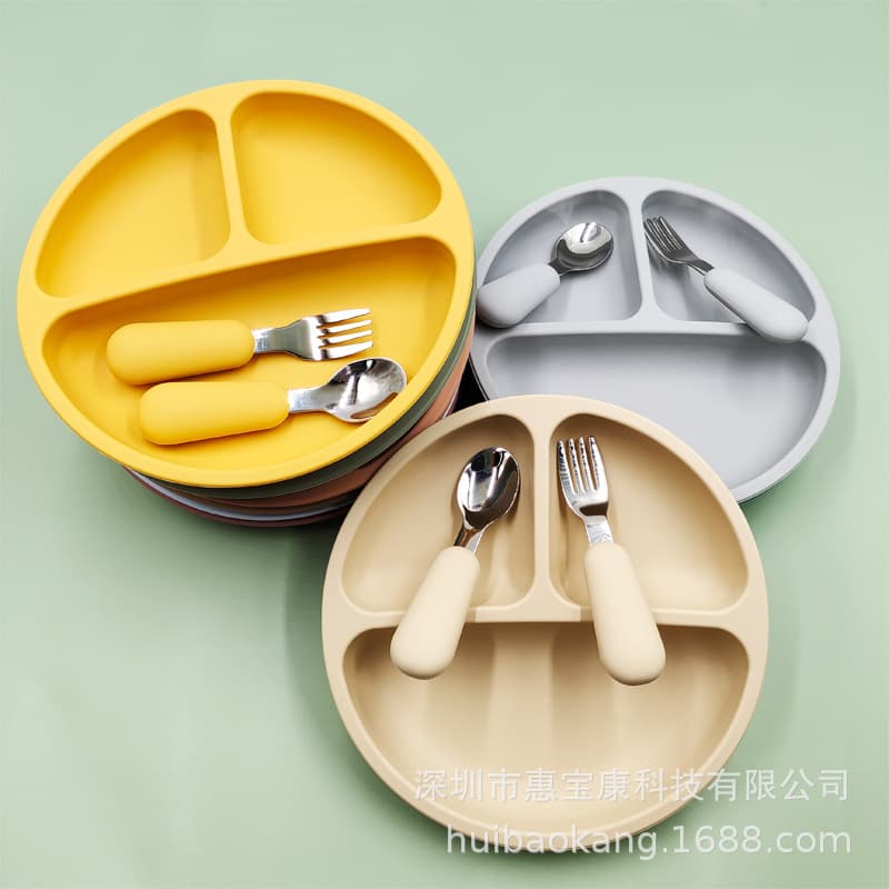 Silicone Suction Cup Round Plate Kids Baby Food Feeding Set 316 Stainless Steel Short Handle Fork Spoon Snack Tray with Suction Base