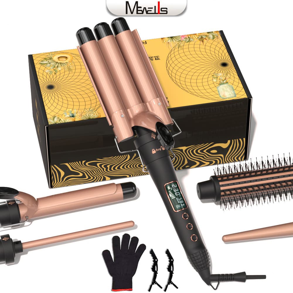 Mewells1002 New 5-in-1 Replaceable Head Curling Iron LCD Display Home Appliance Straightener/Curler
