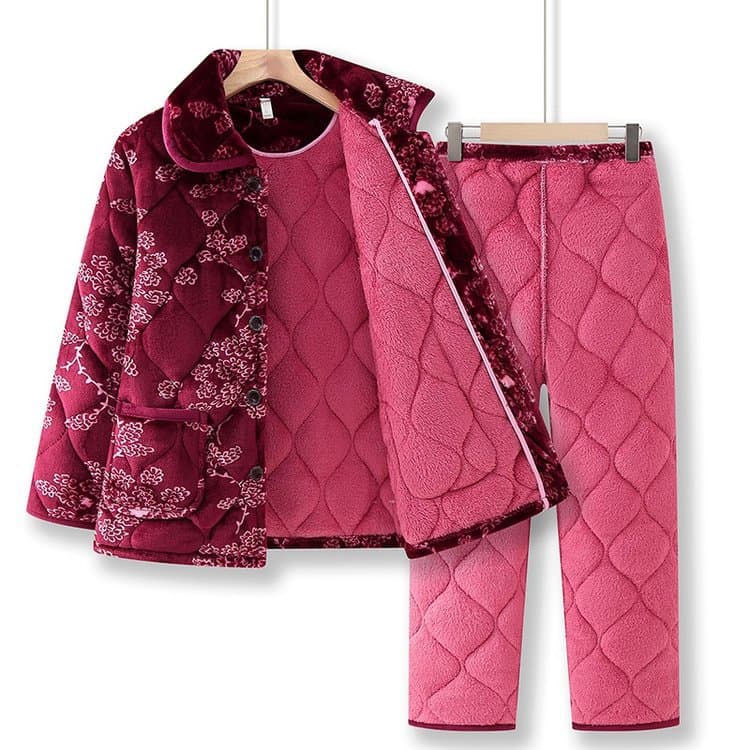 Winter Thermal Set for Senior Women Plus Size Cotton Coat and Long Pants Loungewear Two-Piece Printed