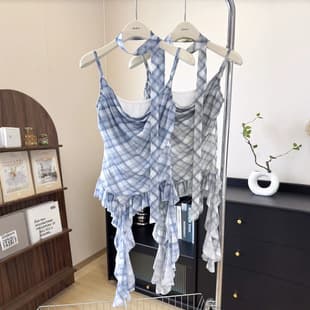 French Sexy Plaid Outer Vest Top Women's Summer New Designer Irregular Ruffle Streamer Top 6085