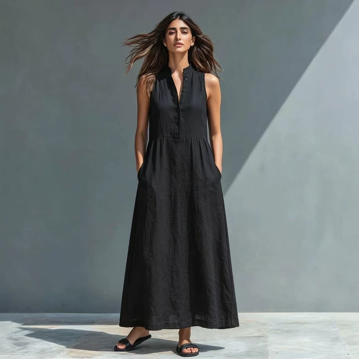 2026 Cross-border European and American Spring/Summer New Linen Blend Sleeveless Shirt Dress Vacation Style Stand Collar Long Dress