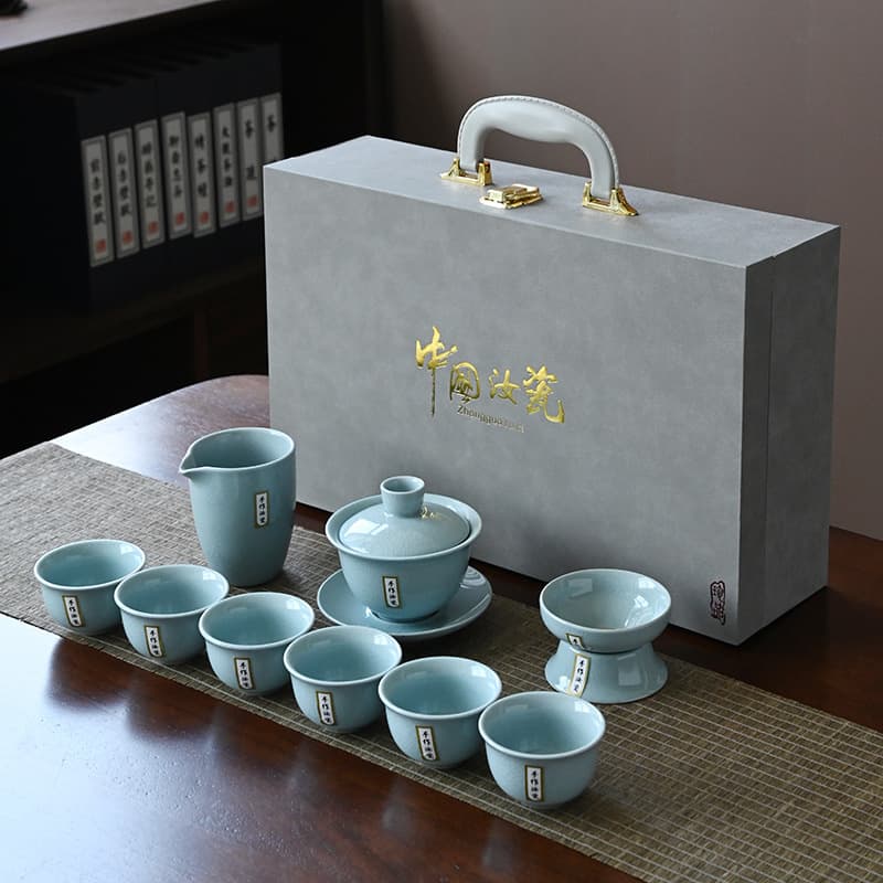 10-piece Ru kiln Kungfu tea set, full ceramic high-temperature resistant gift box as a complete set