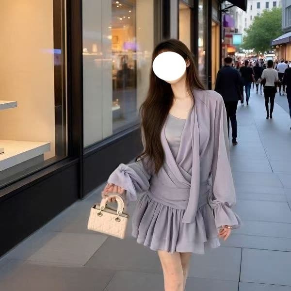 [Pearl chiffon + lining + zipper] French black streamer v-neck long-sleeved dress for women in early autumn to look slim and tall
