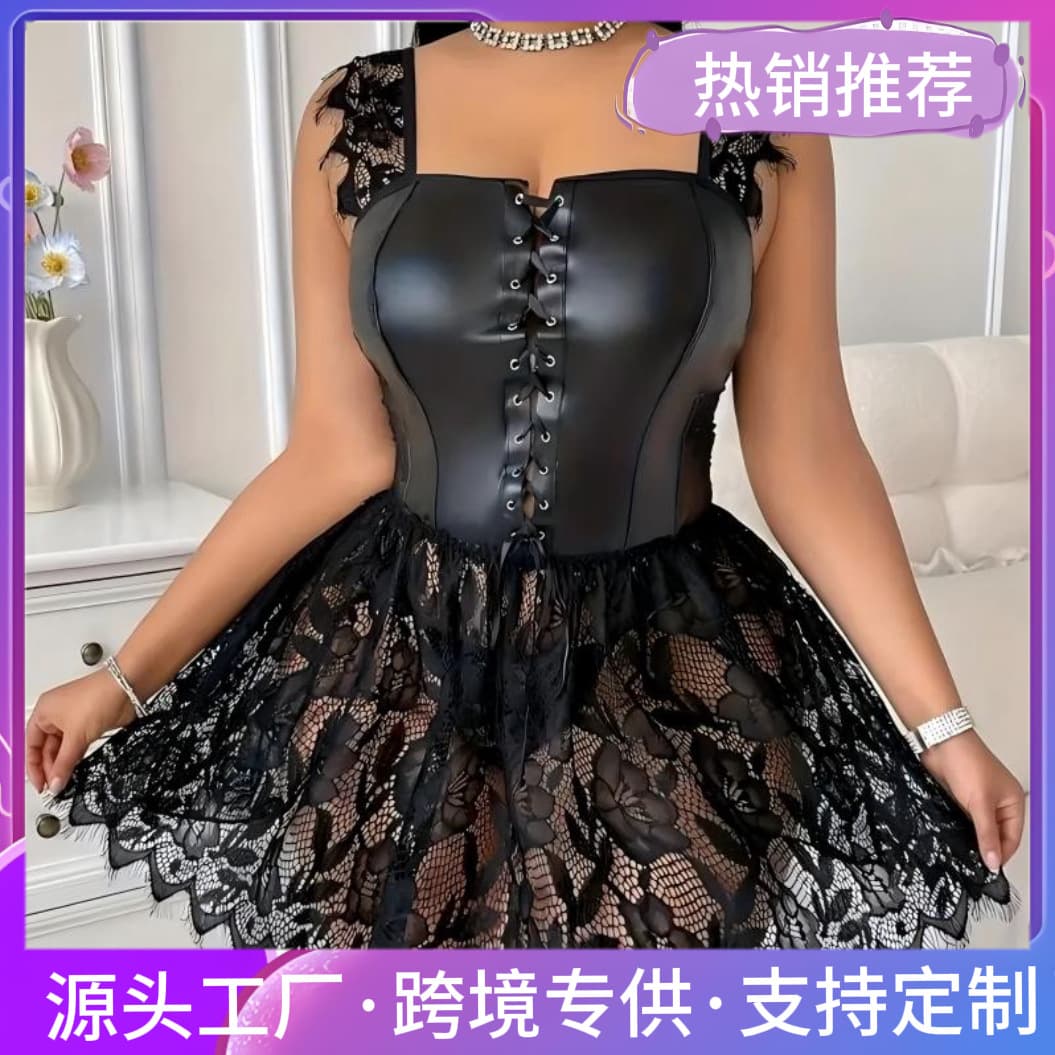 Plus Size Lace Trim Sexy Nightgown Cross-Border Trade for AliExpress Amazon Tie-Back PU Leather Trim Nightgown