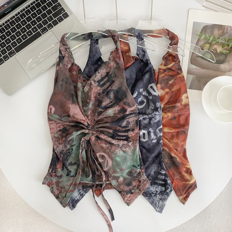 Cross-border Pure Desire Style Hot Girl Tie-Dye Backless Mesh Halter Vest Women 2024 Summer Slim Drawstring Short Top Outerwear