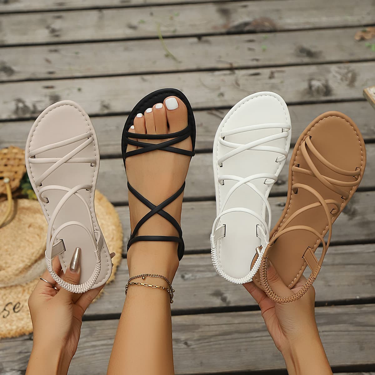 2025 New Fashion Flat Strap Elastic Women's Sandals Fairy Style for Dresses Roman Beach Shoes