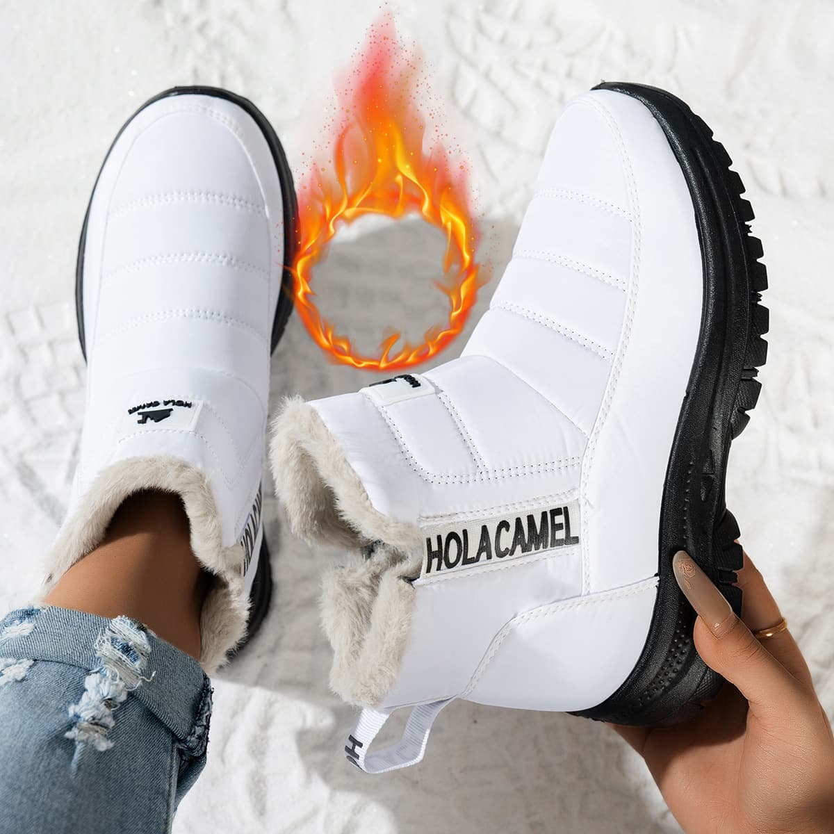 Women's Snow Boots with Fleece Lining, Thick Warm Outdoor Waterproof Shoes, Elastic Opening Slip-On Hiking Boots