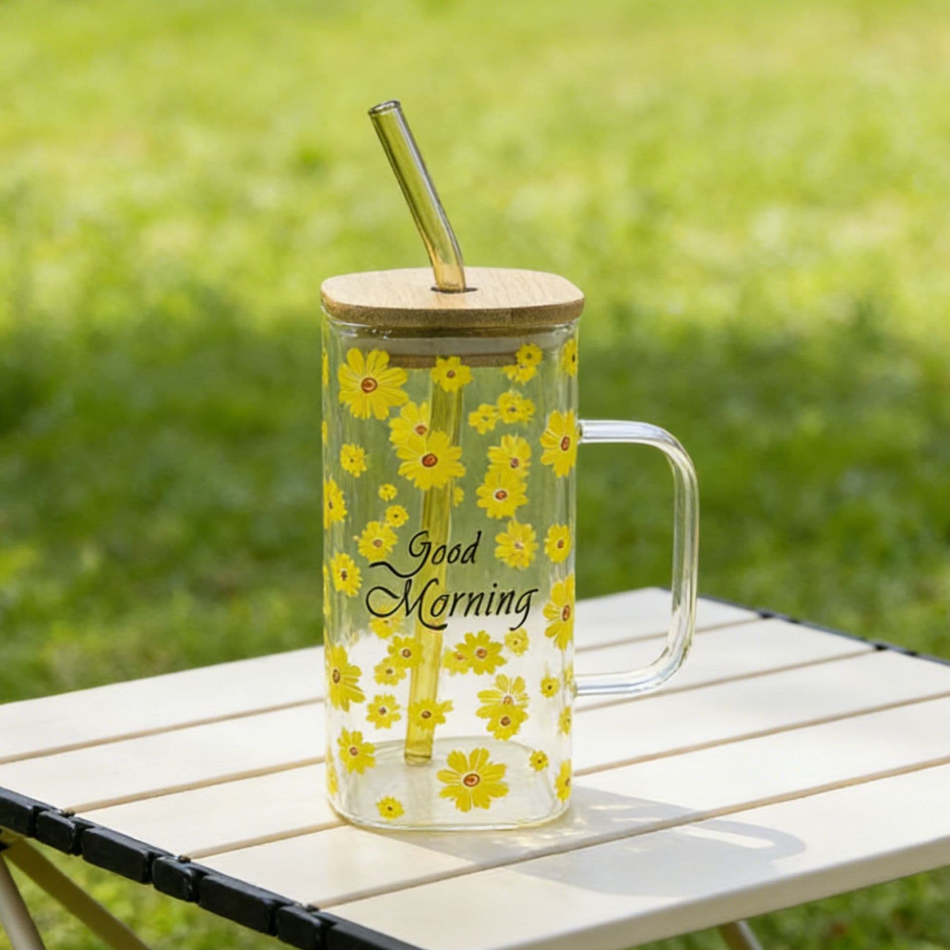 Square Glass Breakfast Cup with Handle, Straw Water Cup, High-Temperature Resistant, Printed Pattern, Square Glass Cup