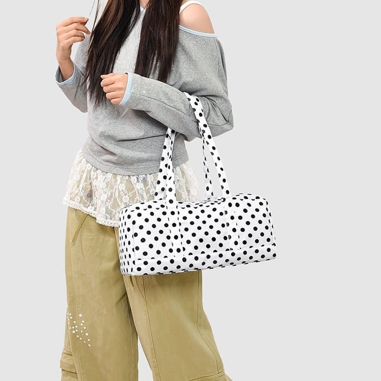 Cross-Border 2026 Summer New Fashion Korean-Style Black and White Polka Dot Large-Capacity Shoulder Bag Casual Bag