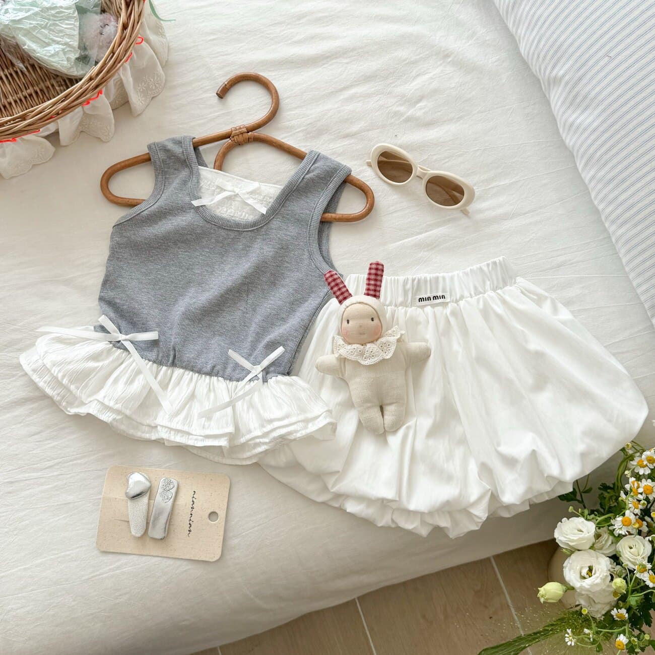 Tianxiaosi's 26th new style girls' summer vacation two-piece suit, stylish bow vest, flower bud shorts two-piece set