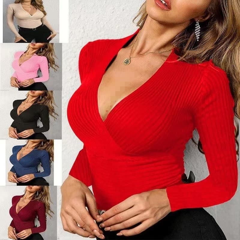 2026 Spring New Women's Long Sleeve Knitted V-Neck Slim Fit T-Shirt for Summer Vacation