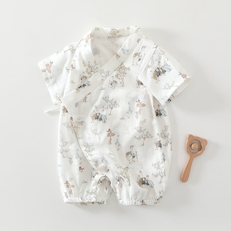 Newborn baby type A short-sleeved jumpsuit summer thin bamboo fiber gauze lace-up monk suit baby clothes