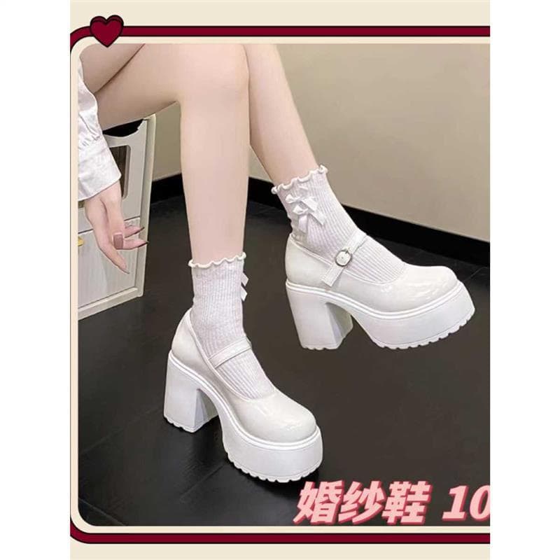 Bridal Platform Shoes Thick Sole Height Increase 10cm Petite Mary Jane Wedding Shoes for Bride