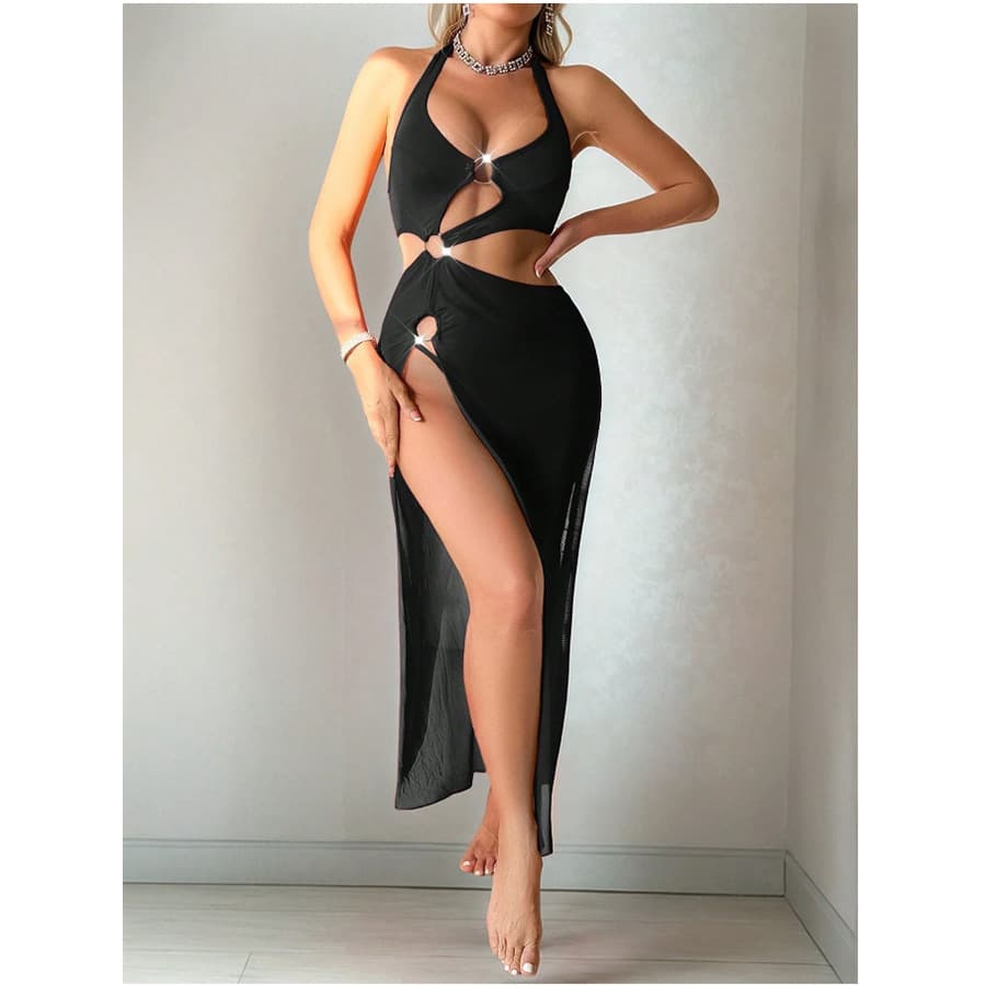 New Cross-Border Sexy One-Piece Swimsuit for Women, Pure Desire Waist-Revealing Metal Ring, Hot Hollow Halter Neck Tie Swimwear