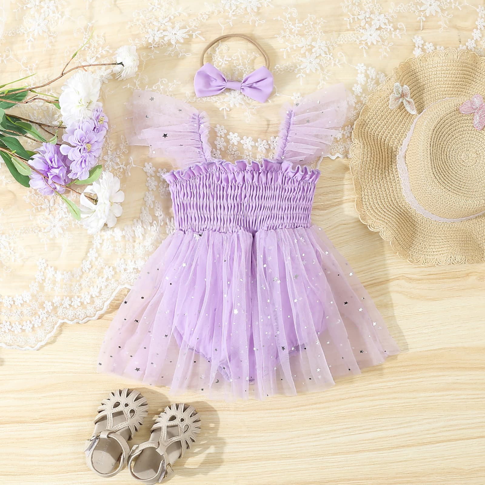 Children's Clothing 2024 Summer Girls Mesh Sequin Flutter Sleeve Princess Bodysuit Diaper Cover Wholesale Stock