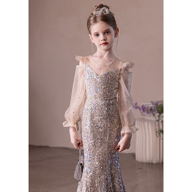 Children's Sequined Evening Dress Light Luxury French Style Girl's Birthday Mermaid Princess Gown Host Piano Performance Costume