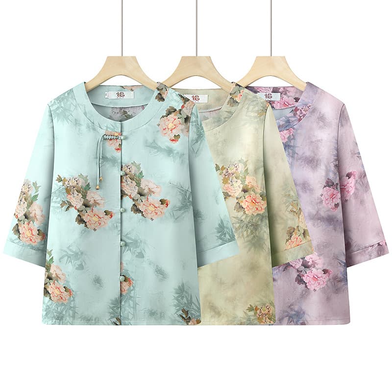 Summer Thin Maternity Blouse for Middle-aged and Elderly Women, Fashionable Chinese-style Top Set, Spring and Autumn Clothing, Grandma Top