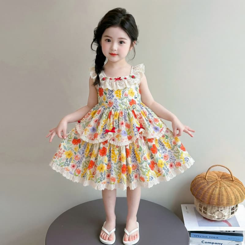 Girls Summer Floral Dress 2026 New Children's Lace Pastoral Style Cotton Skirt Little Girl Princess Dress
