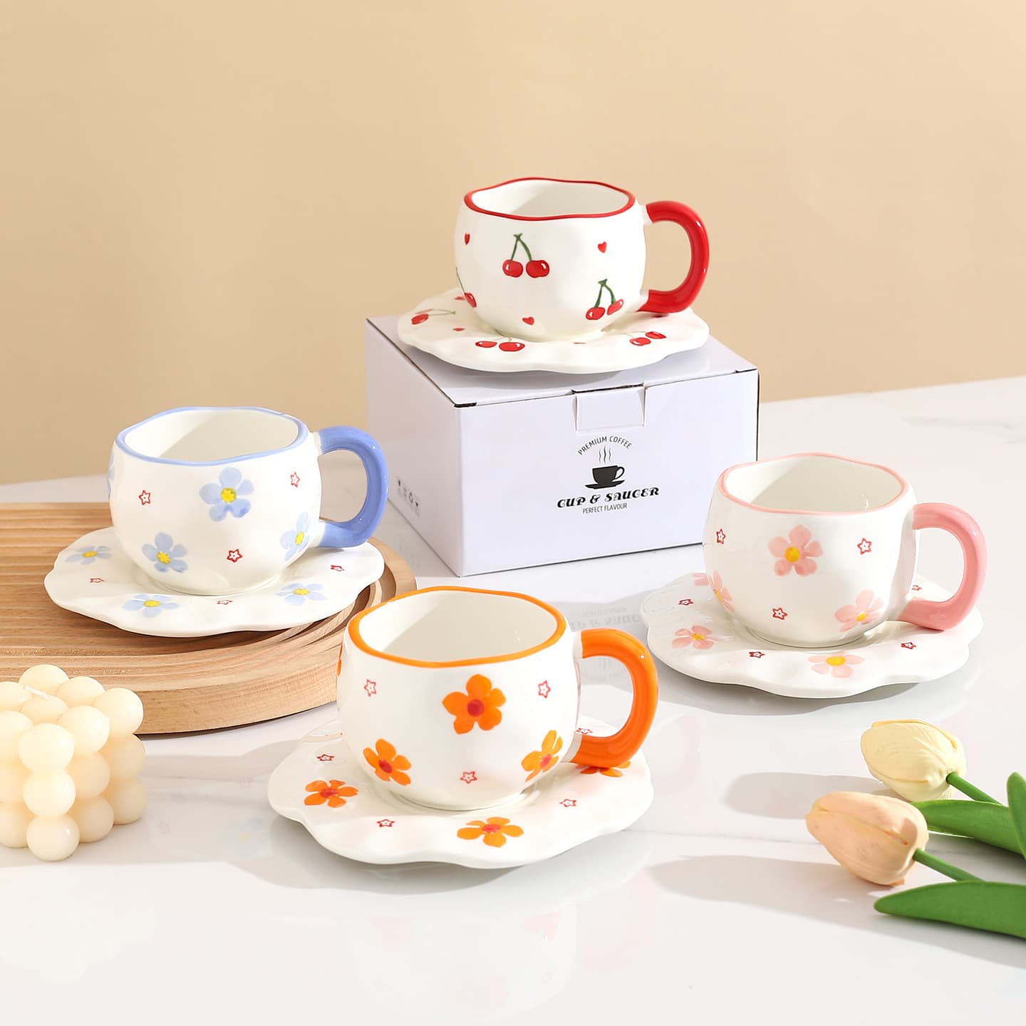 Cross-border Korean Ins Style Hand-painted Cherry Ceramic Coffee Cup and Saucer Set Irregular Creative Hand-pinched Small Floral