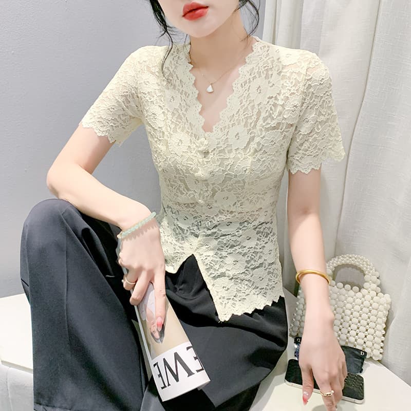 V-Neck Lace Short-Sleeve Base Shirt for Women, Summer 2026 New Style, Sexy Hollow-Out Mesh Fashionable Top