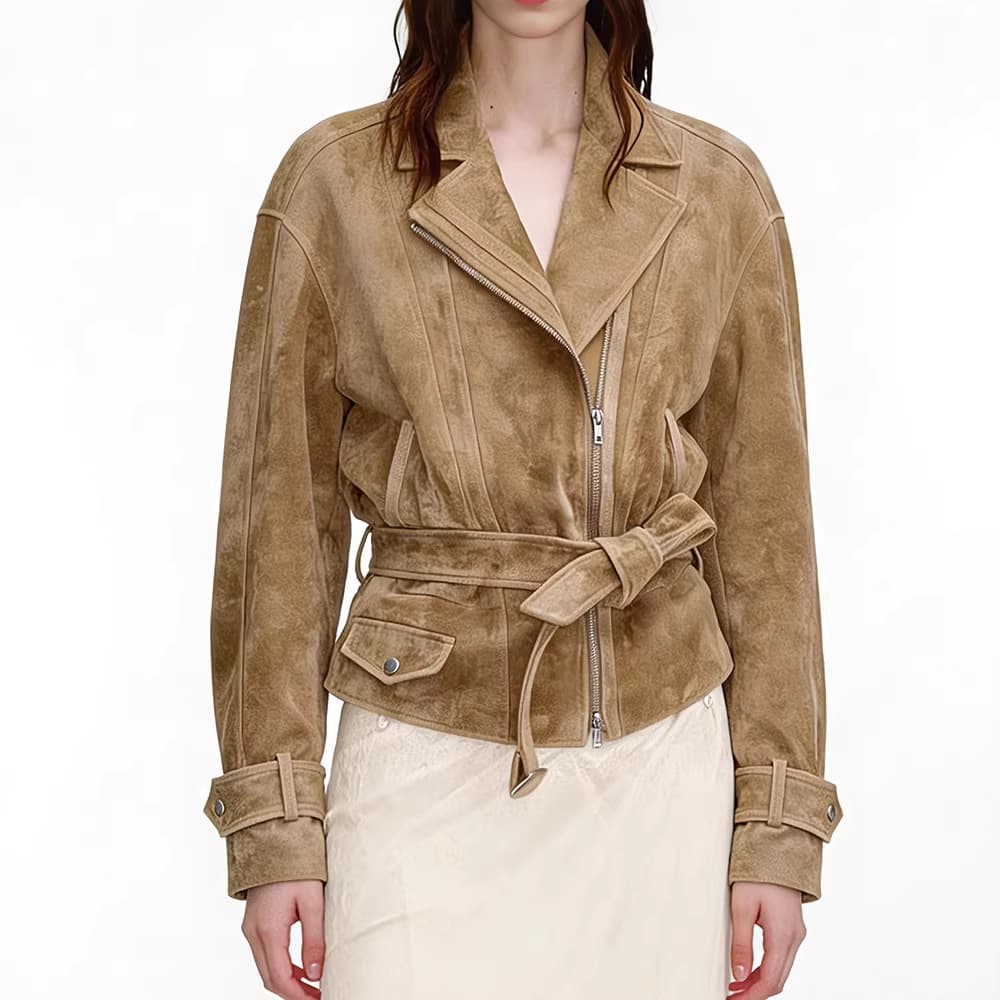HN6139 Genuine Leather Jacket Goatskin Suede European-American Style Casual Waist Belt Zipper Coat for Women