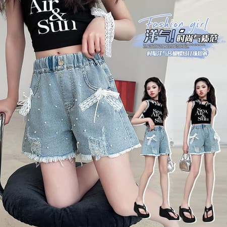 Summer Children's Clothing Wholesale Rhinestone Ripped Distressed Butterfly Knot Cute Girl Shorts Girls Denim Shorts