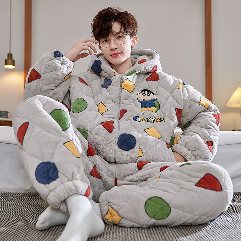 Men's Winter Thickened Three-Layer Cotton Thermal Coral Fleece Pajamas with Cartoon Zipper Hood Homewear