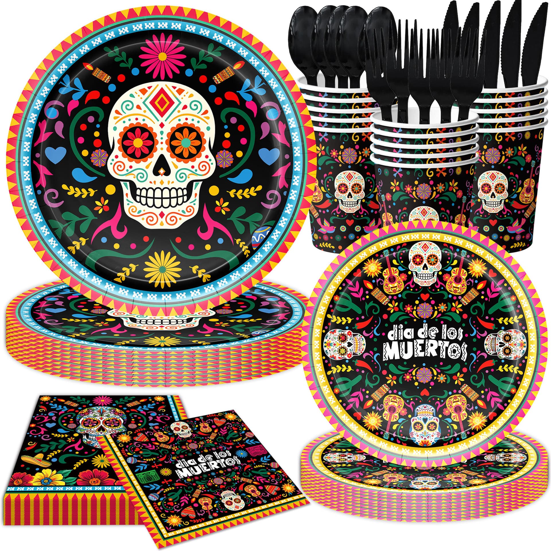 New Mexican Day of the Dead Skull Theme Party Supplies Disposable Paper Plates Cups Napkins Tablecloth Set