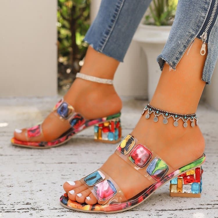 Candy Color Women's High-Heeled Slippers Summer New Thick Heel Rhinestone Colorful Sequin Women's Sandals Wholesale Cool and Comfortable