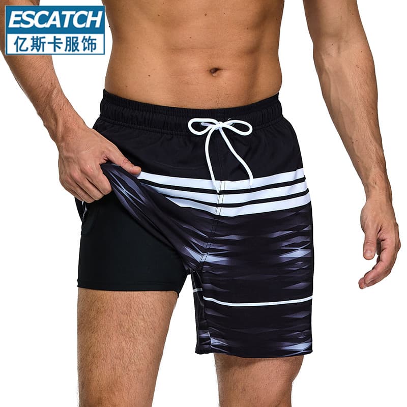 New black and white gray printed swimming trunks and beach trunks two-in-one men's double-layer sports shorts to prevent embarrassment, quick-drying and loose