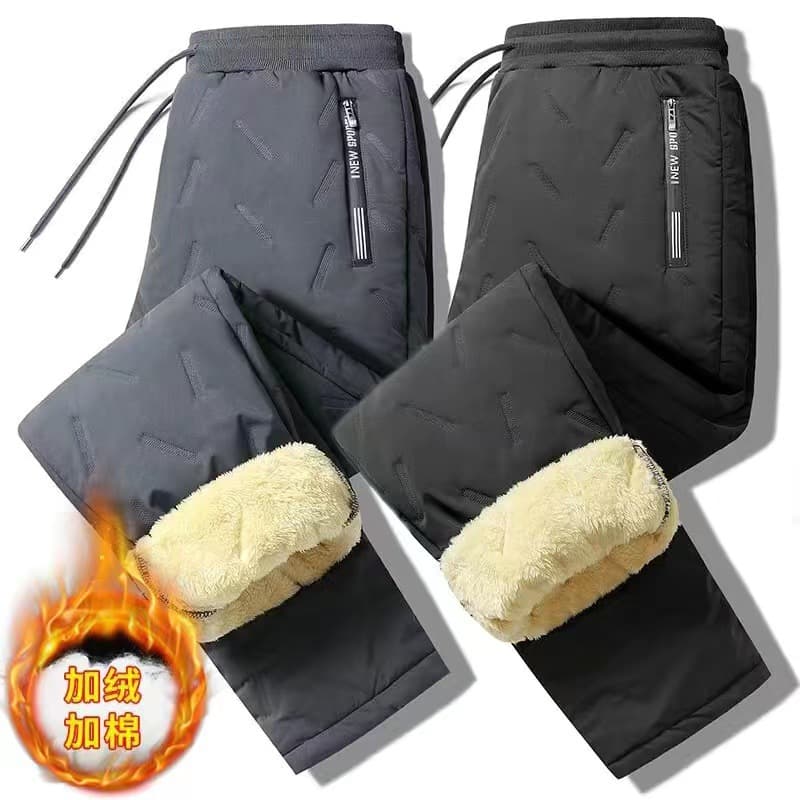 Winter Fleece-Lined Extra Wide Heavyweight Lamb Wool Warm Knee Protection Men's Thermal Pants Double Zipper Elastic Cuffed Long Pants