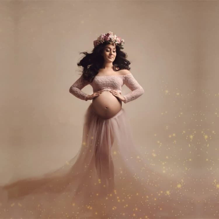 2023 European and American Sexy Long-Sleeve Lace Maternity Dress Mesh Pregnant Women's Dress for Photoshoot