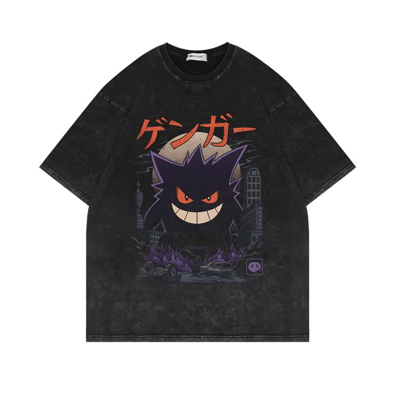 Washed Distressed Vintage Brushed Short-Sleeve T-Shirt Gengar Anime Pokemon American Streetwear Oversize