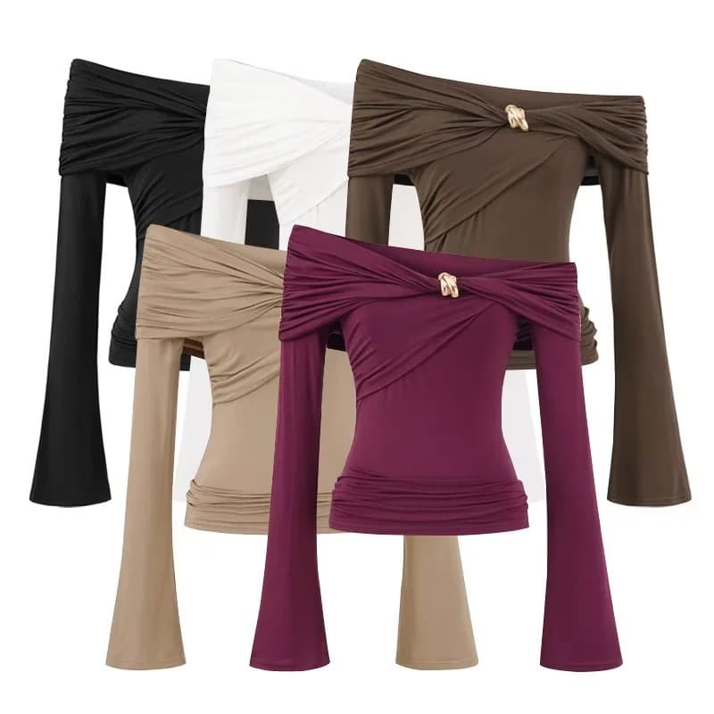 Off-Shoulder Metal Button Flared Long-Sleeve Top for Women, Sexy and Chic Multi-Way Wear T-Shirt for Fall/Winter
