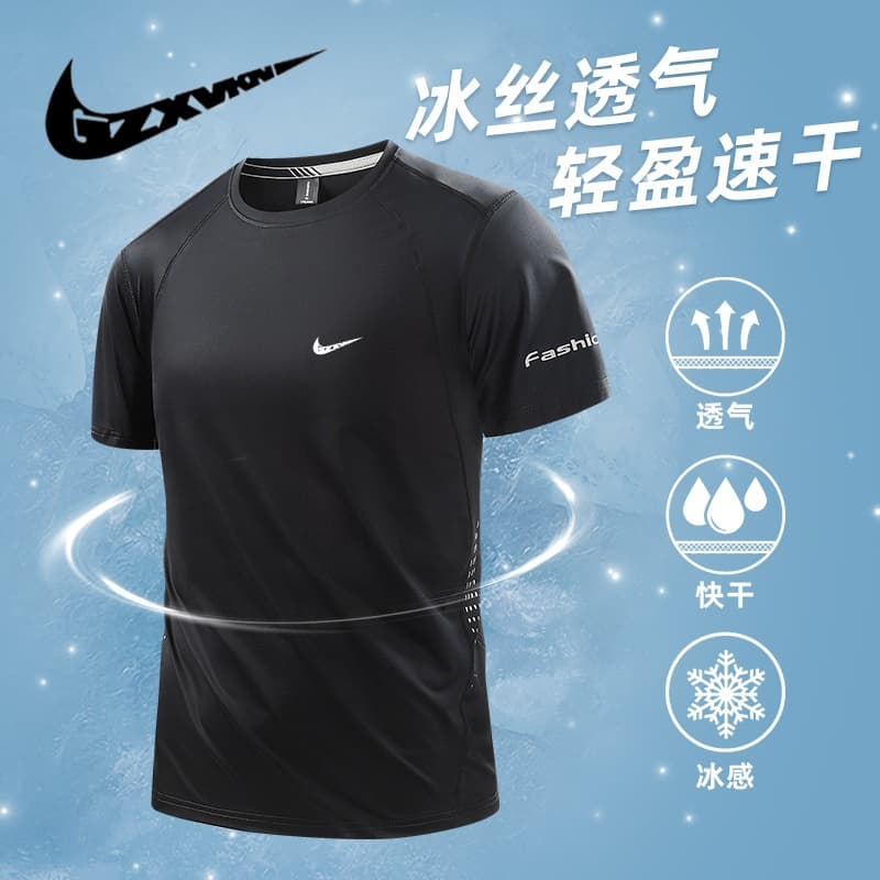 Men's 2025 Summer Sports and Leisure Ice Silk Short Sleeve T-Shirt Men's Quick-Drying Ice Feel Stretch Breathable Round Neck Printed T-Shirt
