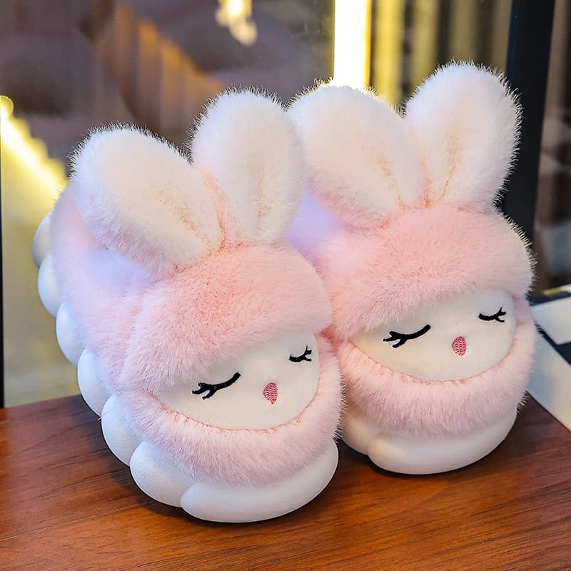 Winter children's cotton slippers, cute rabbit warm with fleece, girls' parent-child style home anti-slip thick sole baby cotton shoes