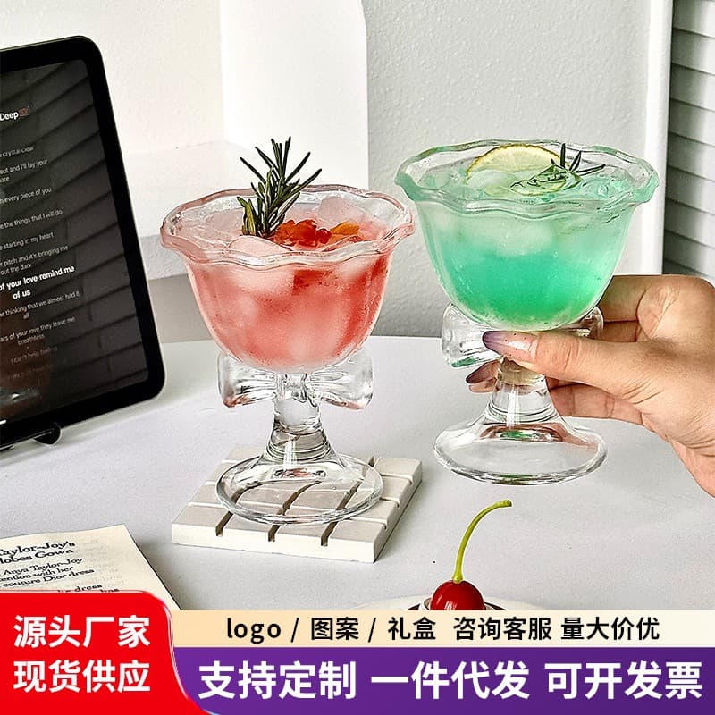 Vintage Bow Glass Cup Ice Cream Cup Dessert Cup Premium Cute Women's Exquisite Personalized Design Coffee Cup