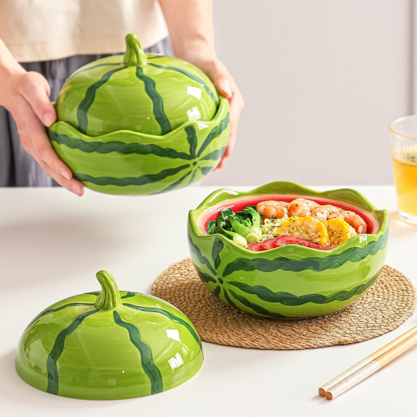 Ceramic Bowl Soup Bowl Rice Bowl Cute Watermelon Bowl Instant Noodle Bowl High Appearance Salad Bowl with Lid New Household Tableware
