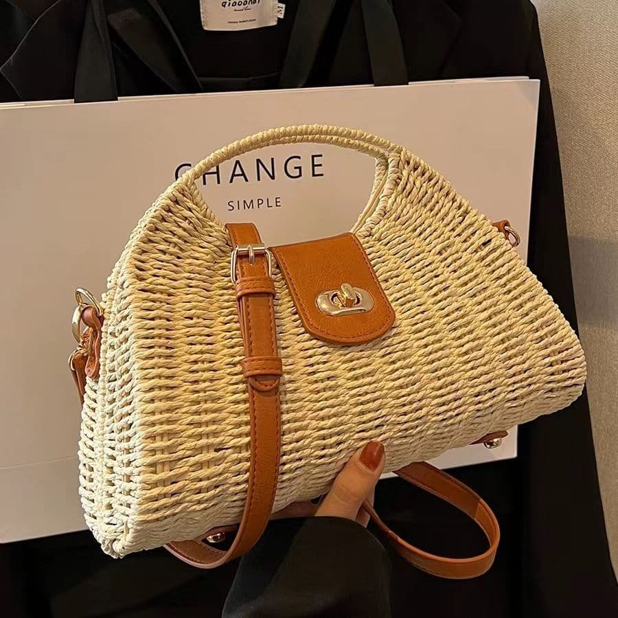 Newly Selected Single-Shoulder Straw Woven Bag, Niche Beach Vacation Style Rattan Beach Bag, Korean Version Crossbody Solid Color Woven Bag