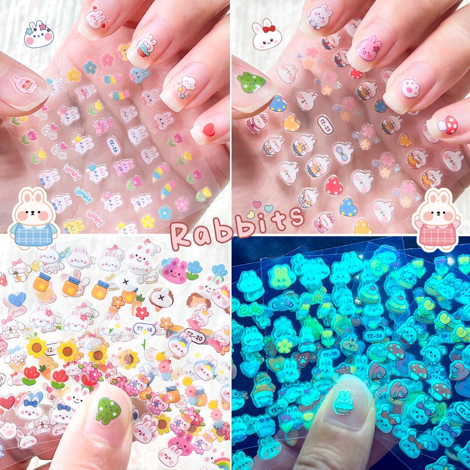 Cross Border 30 Color Luminous Nail Stickers suit Rabbit Flowers Stars Children Cartoon Nail Art Decals Wholesale