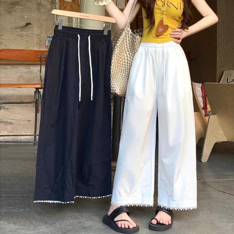 Women's Lace-Trimmed Wide-Leg Pants, Summer Lightweight Style, Petite High-Waisted, Slimming, Loose, Draped, Straight-Cut, Cropped Casual Pants