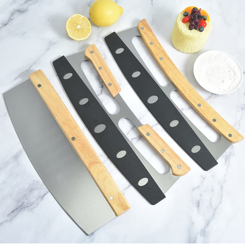 Stainless steel semi-circular dough scraper with dual handles, rocking knife for nougat and pancake cutting, kitchen baking tool