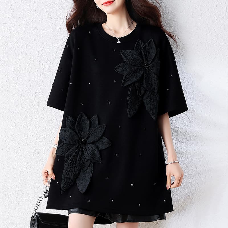 Summer New Heavy Beaded Design Solid Color Youthful Fashion Flower Loose Plus Size T-Shirt