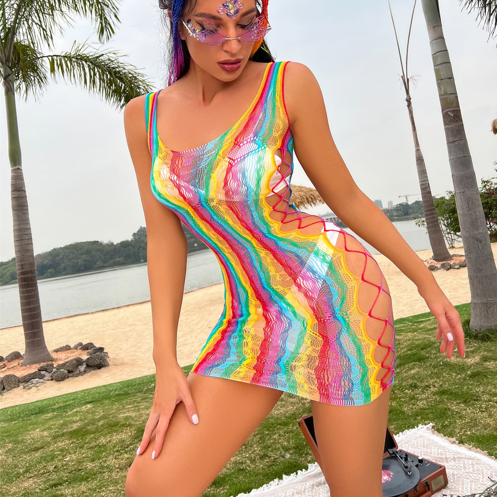 European and American no-take-off plus-size Internet celebrity seven-color striped sexy lingerie summer beach bikini jacket sexy dress