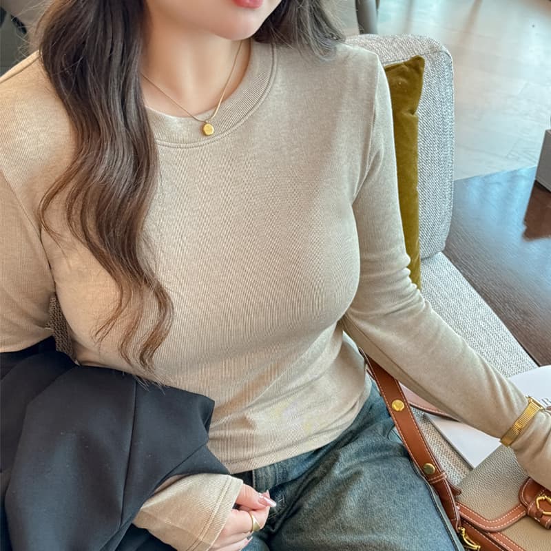 Imitation Cashmere Plus Size Women's Crewneck Base Shirt Long Sleeve Autumn Winter Brushed Fleece-Lined Outer Wear Shoulder T-Shirt
