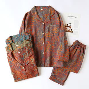 Pure Cotton Yarn-Dyed New Retro Turn-Down Collar Long Sleeve Long Pants Cardigan Two-Piece Set Women's Homewear Loungewear
