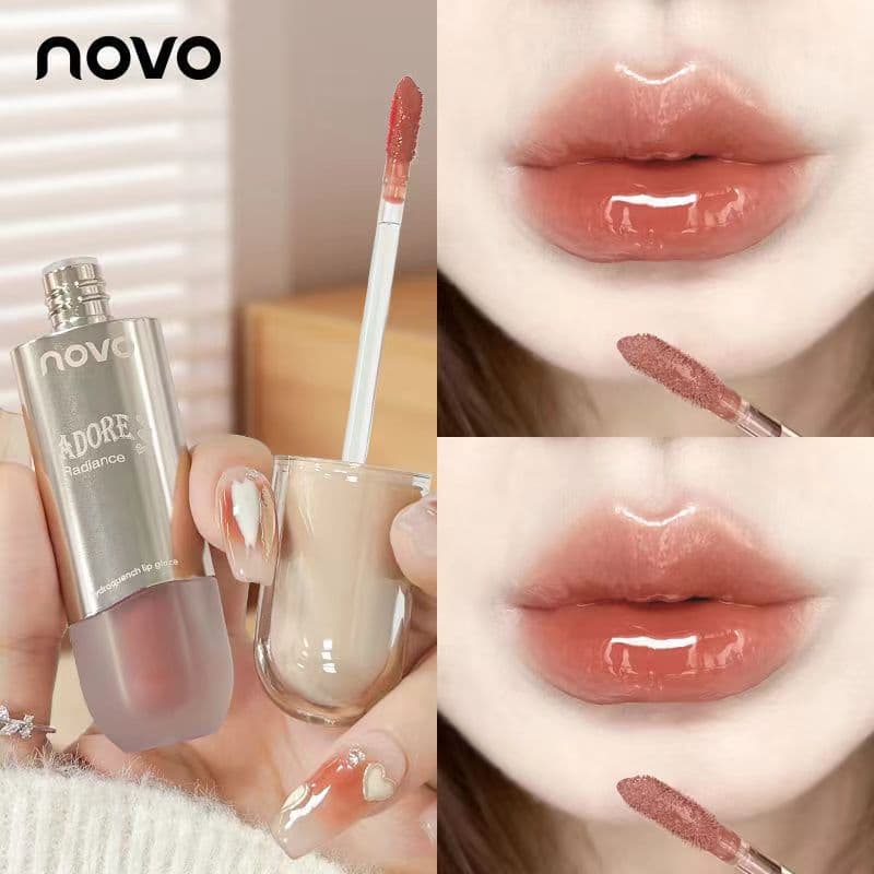 NOVO Moisturizing Translucent Water Gloss Lip Glaze, Natural Brightening, Pure Alluring Style, Plump Lips, Waterproof, Long-Lasting, Non-Stick Cup