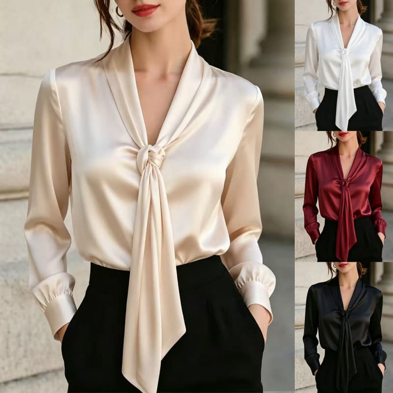 Small autumn new product AliExpress European and American women's shirt lace-up satin long-sleeved slim shirt tops for women